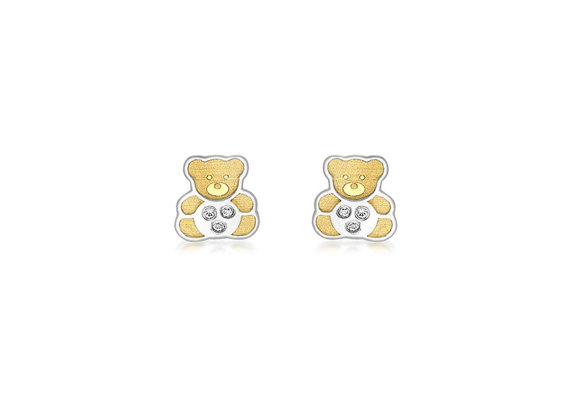 9ct 2-Colour Gold Zirconia  Teddy Bear Stud Earrings