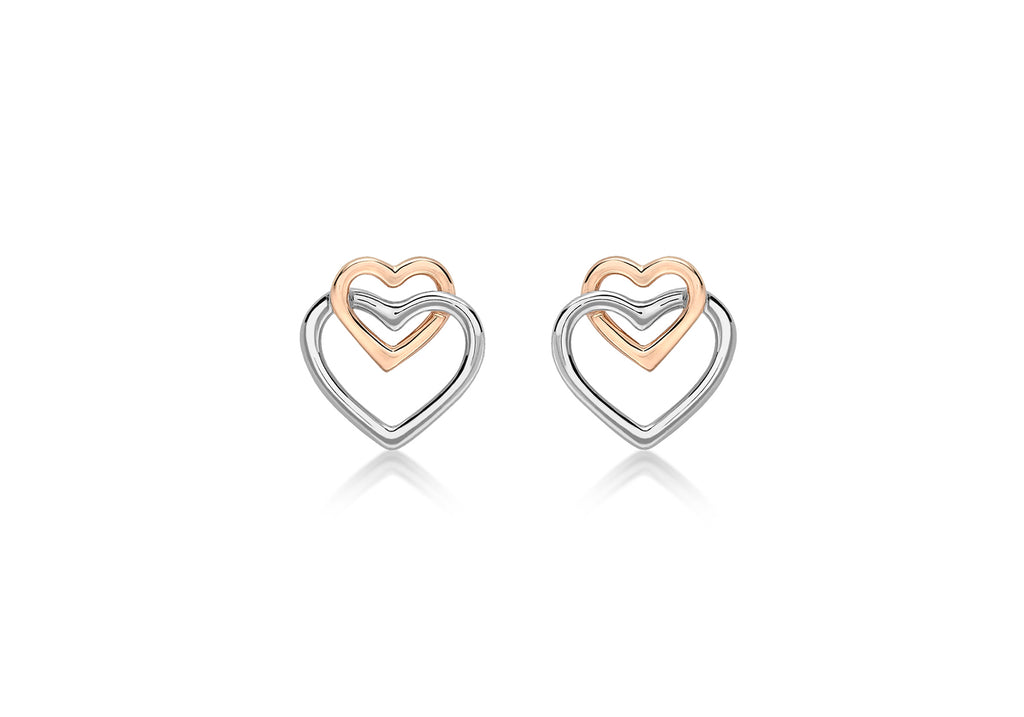 9ct 2-Colour Gold Linked Hearts Stud Earrings