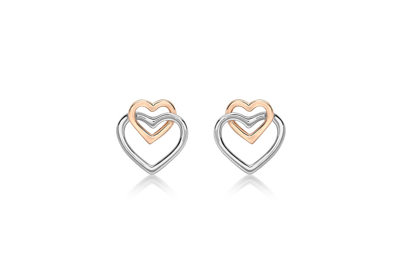 9ct 2-Colour Gold Linked Hearts Stud Earrings
