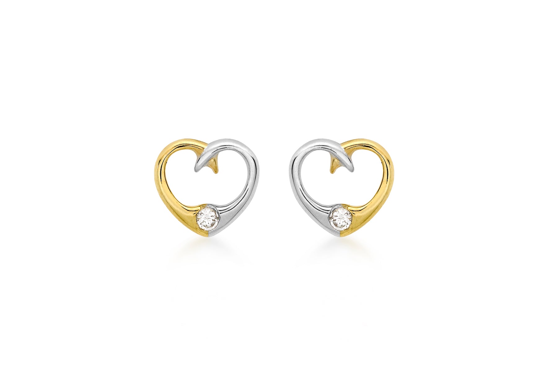 9ct 2-Colour Gold Zirconia  9mm x 8mm Heart Stud Earrings