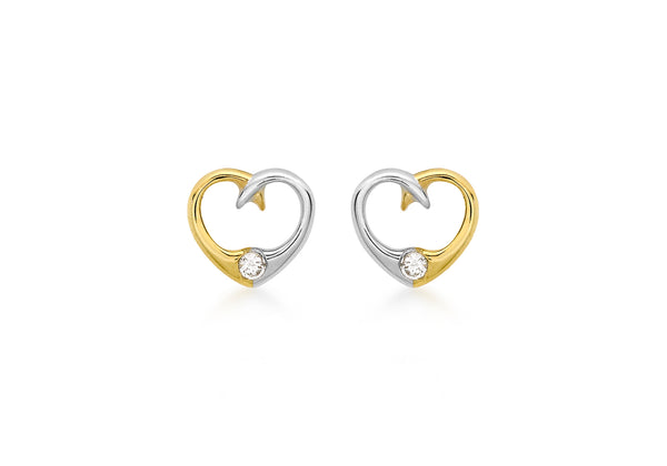9ct 2-Colour Gold Zirconia  9mm x 8mm Heart Stud Earrings