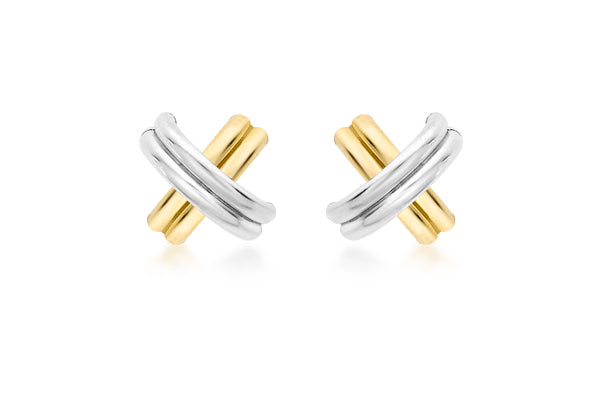 9ct 2-Colour Gold Crossover Tube Kiss Stud Earrings