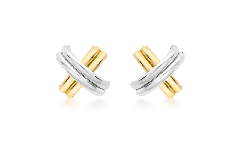9ct 2-Colour Gold Crossover Tube Kiss Stud Earrings