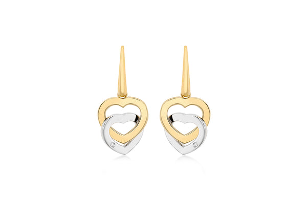 9ct 2-Colour Gold 0.02t Diamond Set Double-Heart Drop Earrings