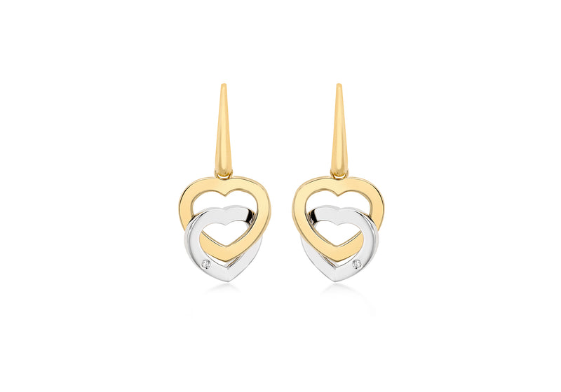 9ct 2-Colour Gold 0.02t Diamond Set Double-Heart Drop Earrings