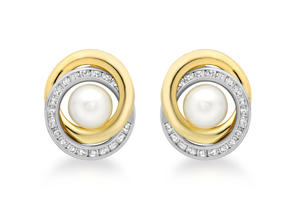 9ct 2-Colour Gold 15mm Zirconia  and Pearl Swirl Stud Earrings
