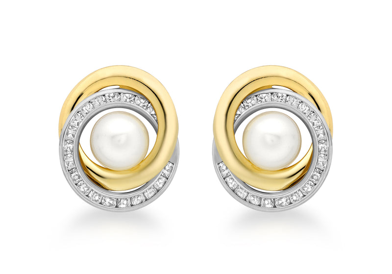 9ct 2-Colour Gold 15mm Zirconia  and Pearl Swirl Stud Earrings