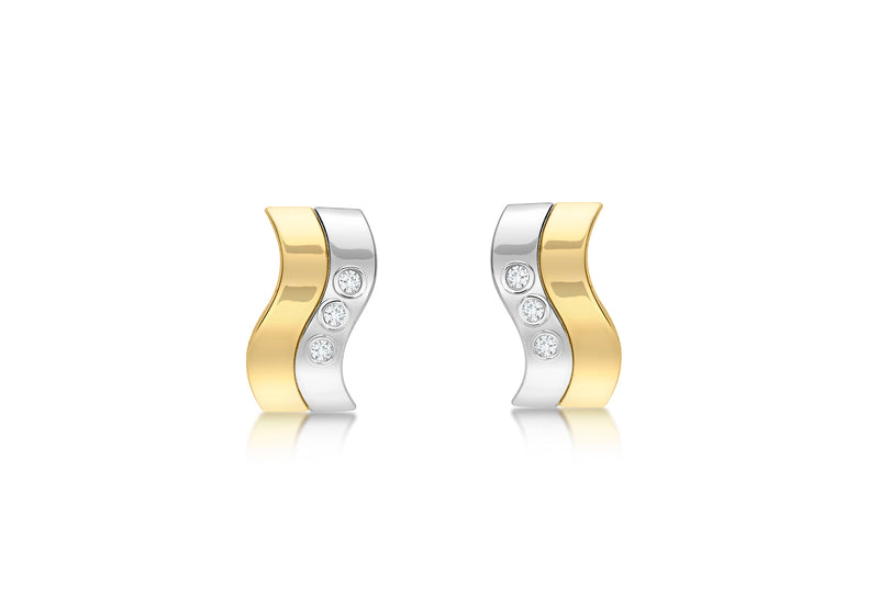 9ct 2-Tone Gold Zirconia  Wave Double Bars 5.5mm x 9.5mm Stud Earrings