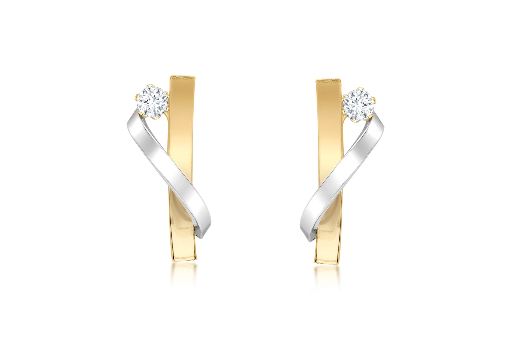 9ct 2-Tone Gold Zirconia  Overlapping urved Bars Stud Earrings