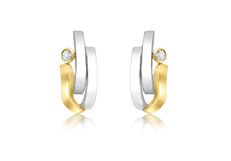 9ct 2-Tone Gold Zirconia  Wave and urved Bars Stud Earrings