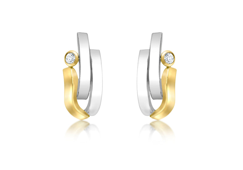 9ct 2-Tone Gold Zirconia  Wave and urved Bars Stud Earrings