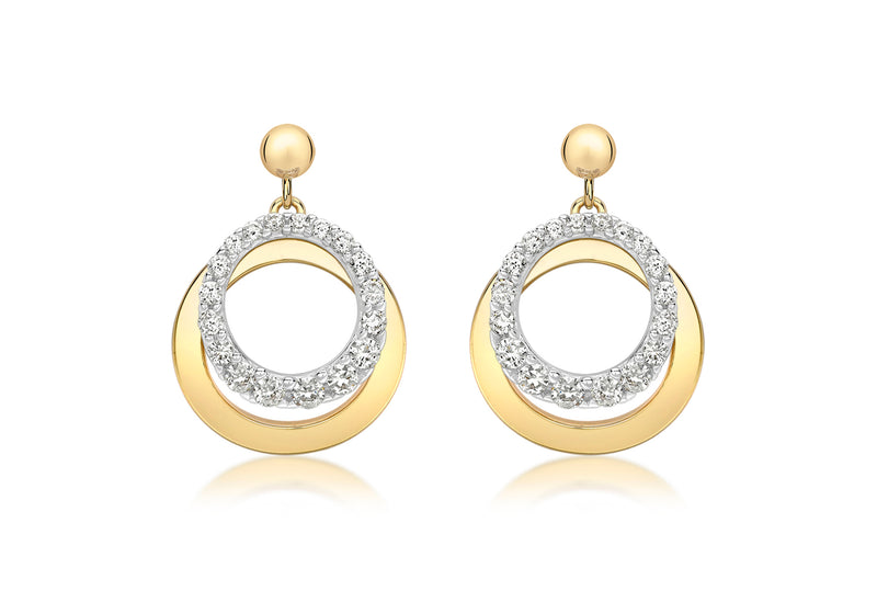 9ct 2-Colour Gold Zirconia  urved Ring and Plain urved Ring Drop Earrings