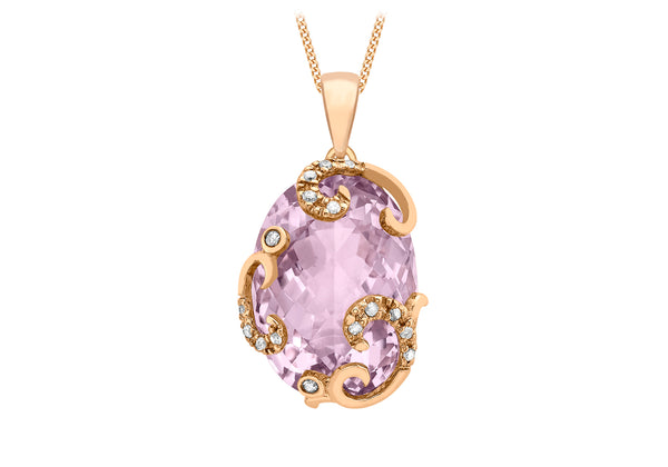 9ct Rose Gold 0.10ct Diamond and Pink Amethyst 14mm x 25mm Pendant