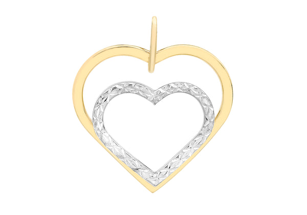 9ct 2-Colour Gold 21mm x 23mm Diamond Cut Double-Heart Pendant