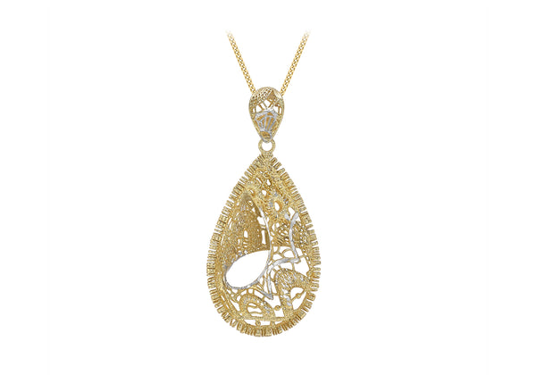 9ct 2-Tone Gold 19.6mm x 42.2mm Diamond Cut Lace-Style Teardrop Pendant