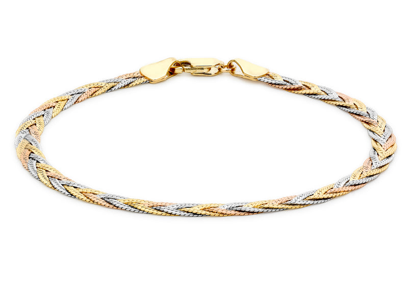 9ct 3-Colour Gold 3-Plait Textured Herringbone Bracelet 18m/7"9