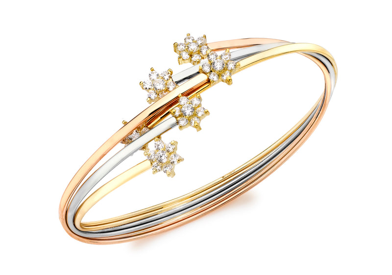 9ct 3-Colour Gold Zirconia  Flower Cluster Bangle
