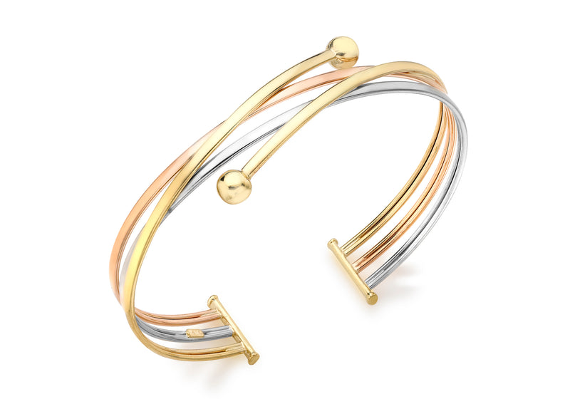 9ct 3-Colour Gold Crossover Ball-Detail Bangle