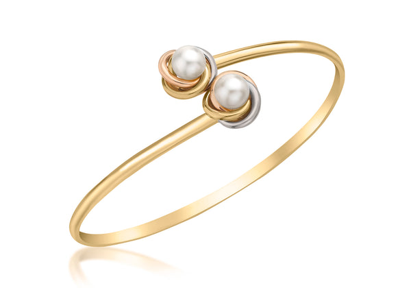9ct 3-Colour Gold Fresh Water Pearl Double-Knot Flexible Torque Bangle