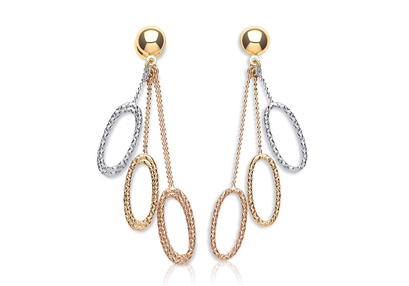 9ct Tri-Colour Gold Diamond Cut Triple Oval Drop Earrings