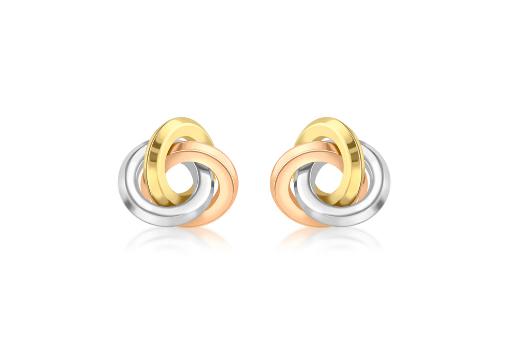 9ct 3-Colour Gold 13mm Rhombus Tube Knot Stud Earrings