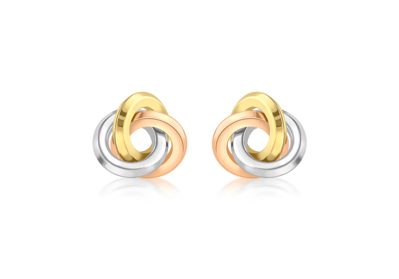 9ct 3-Colour Gold 13mm Rhombus Tube Knot Stud Earrings