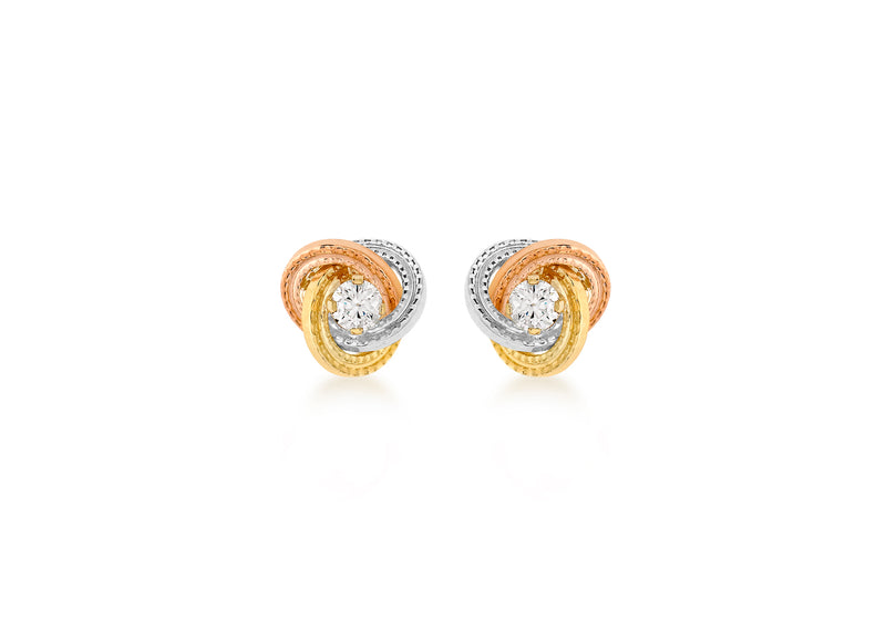 9ct 3-Colour Gold Zirconia  8mm Knot Stud Earrings