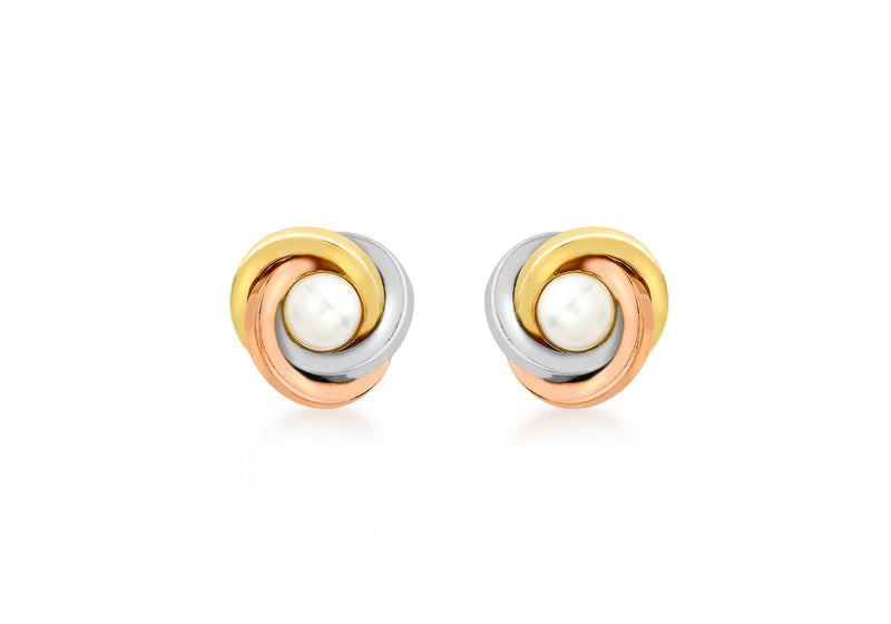 9ct 3-Colour Gold 9mm Knot and Pearl Stud Earrings