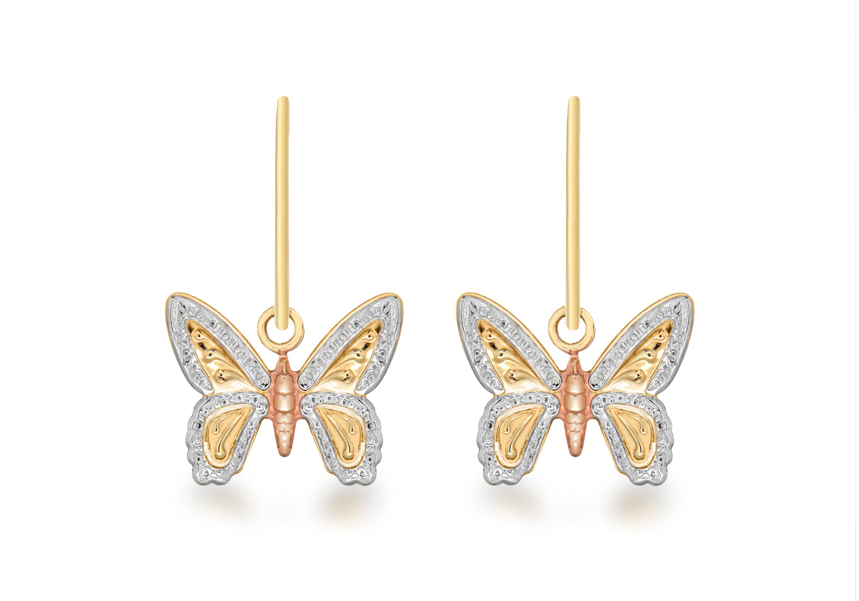9ct 3-Colour Gold 11mm x 15mm Textured Butterfly Drop Earrings