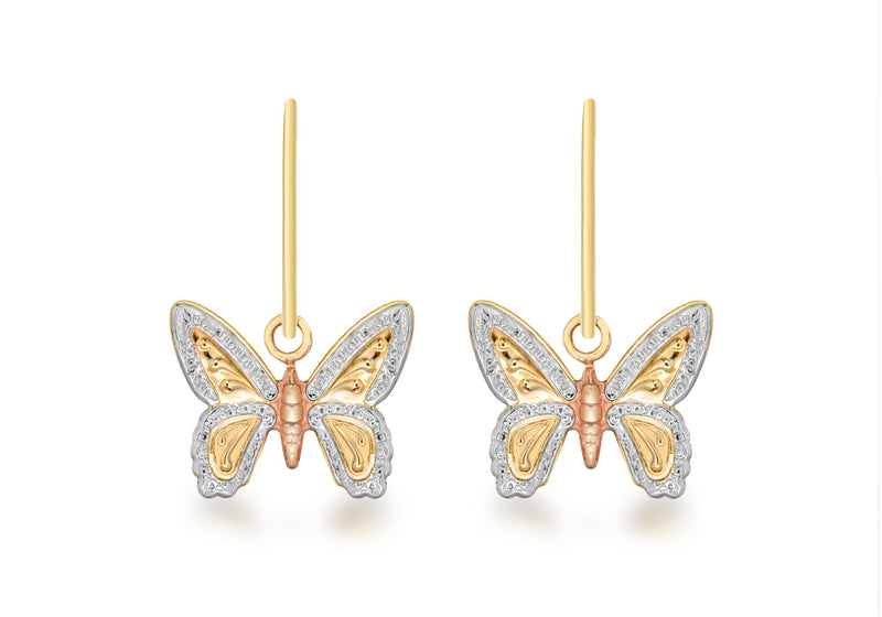 9ct 3-Colour Gold 11mm x 15mm Textured Butterfly Drop Earrings