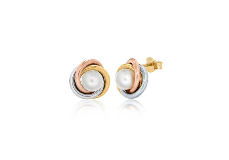 9ct 3-Colour Gold 11mm Knot and Pearl Stud Earrings
