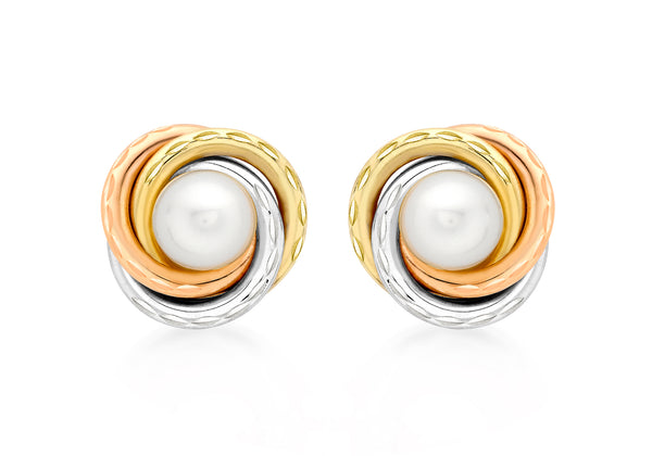 9ct 3-Colour Gold Pearl 12mm Knot Stud Earrings