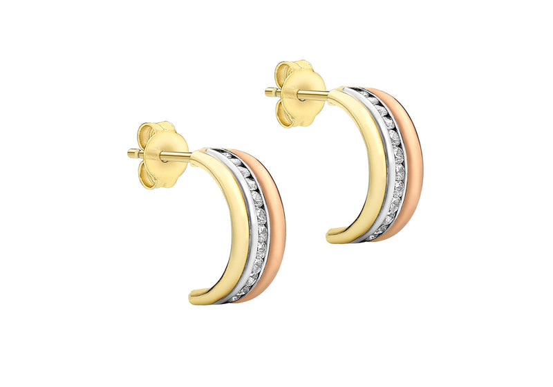 9ct 3-Colour Gold Zirconia  Half Hoop Earrings