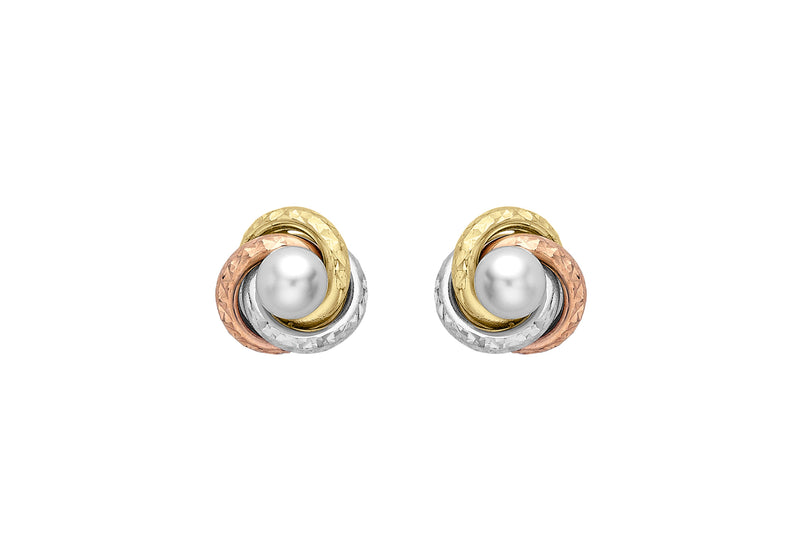 9ct 3-Colour Gold 9mm Diamond Cut Knot and Pearl Stud Earrings