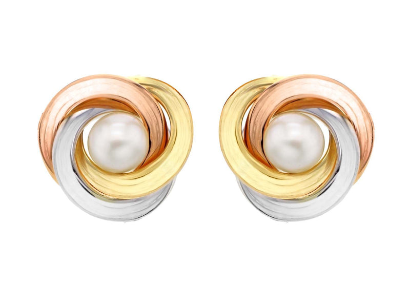 9ct 3-Colour Gold 15mm Knot and Pearl Stud Earrings