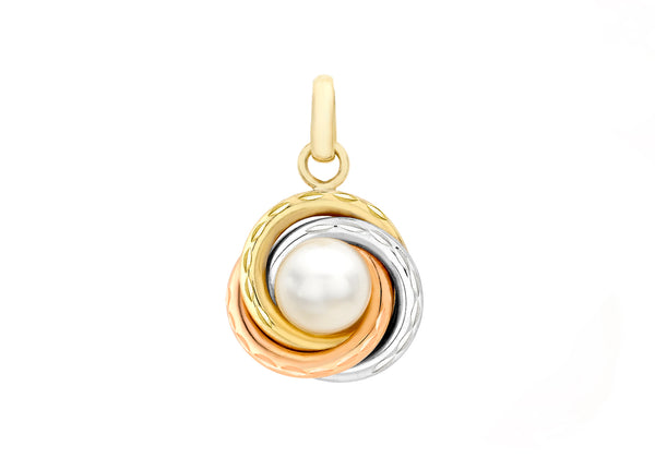 9ct 3-Colour Gold 12.5mm x 19.6mm Diamond Cut Knot and Pearl Pendant