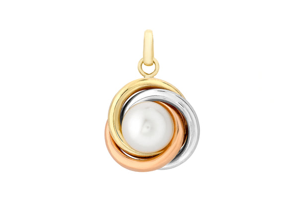 9ct 3-Colour Gold 7mm x 15mm Knot and Pearl Pendant