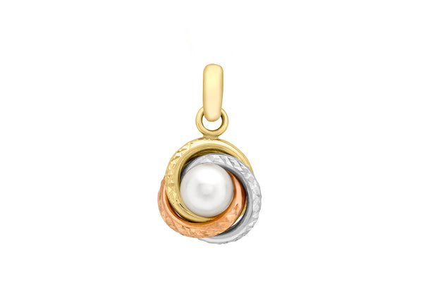 9ct 3-Colour Gold 11mm x 17mm Knot and Pearl Pendant