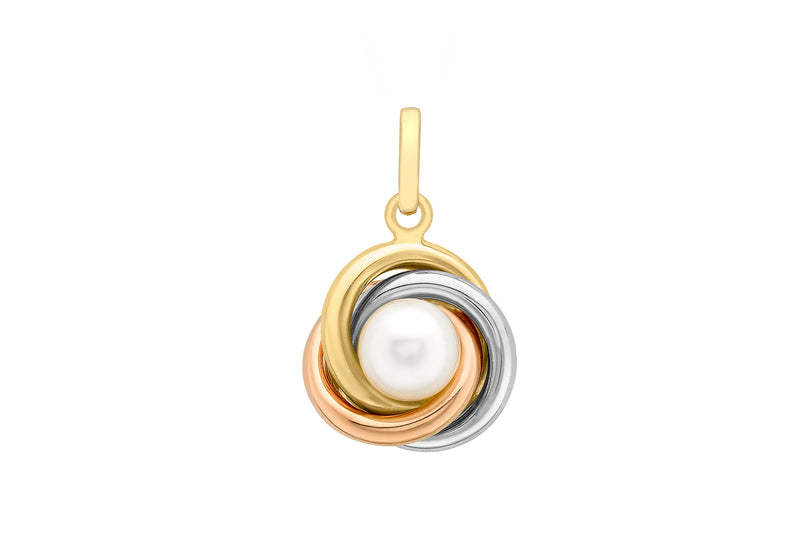 9ct 3-Colour Gold Pearl 12mm x 21mm Knot Pendant