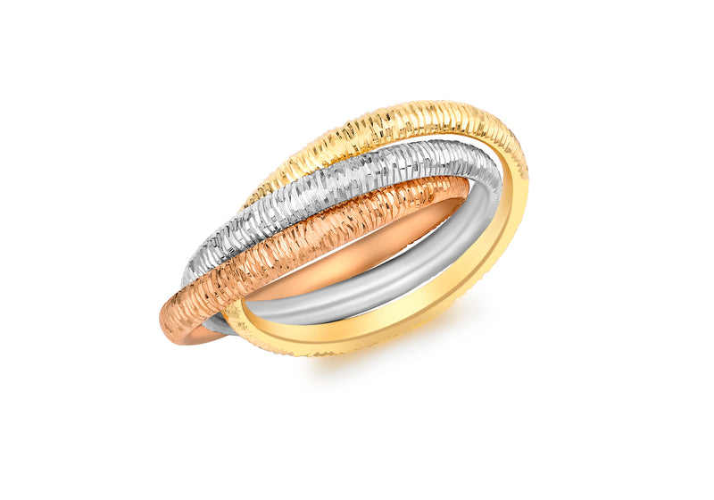 9ct Tri-Colour Gold Diamond Cut Russian Band Ring