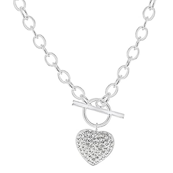Sterling Silver Crystal Heart Charm T-Bar Belcher Necklace