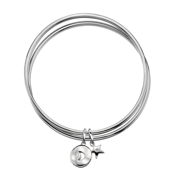 Double Bangle With Moon And Star Charms Hand-Set With A Diamond Accent