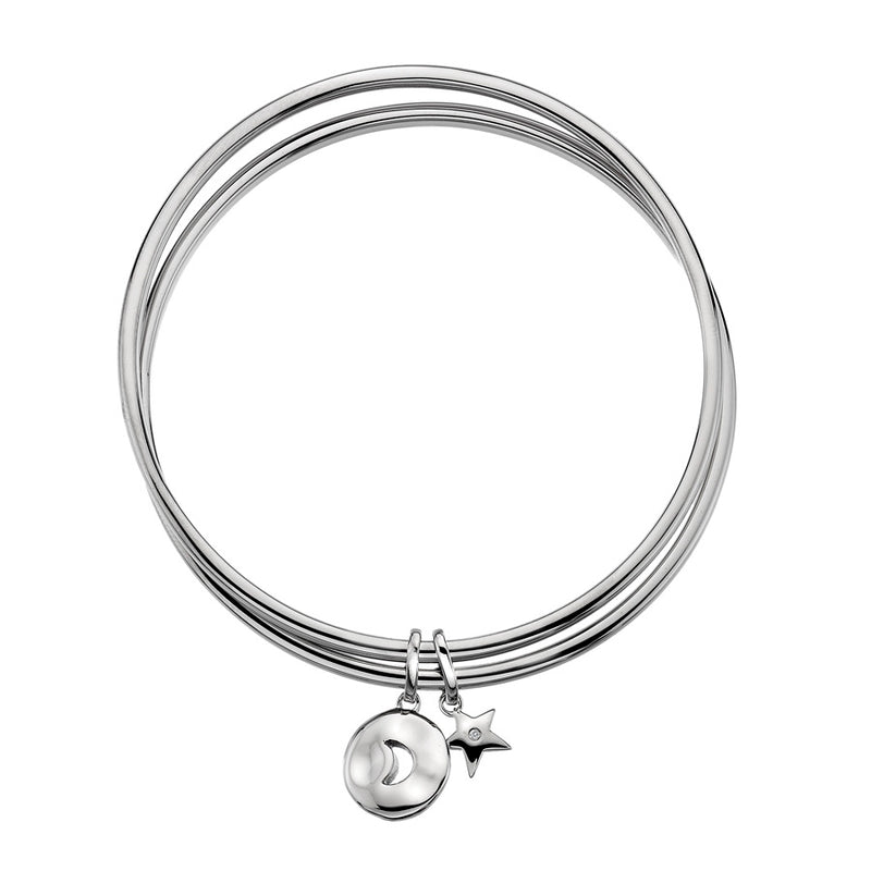 Double Bangle With Moon And Star Charms Hand-Set With A Diamond Accent