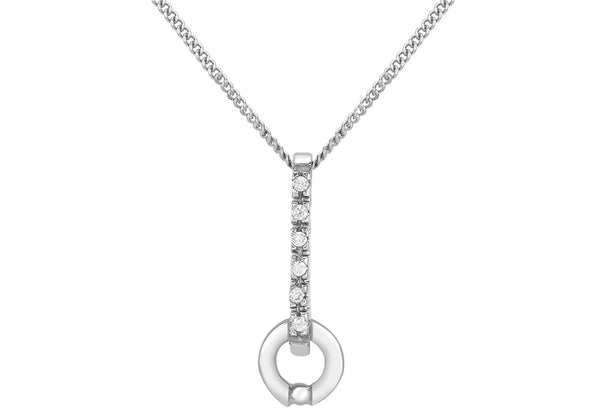 9ct White Gold Zirconia  Bar and Circle Drop Pendant on Chain Necklace
