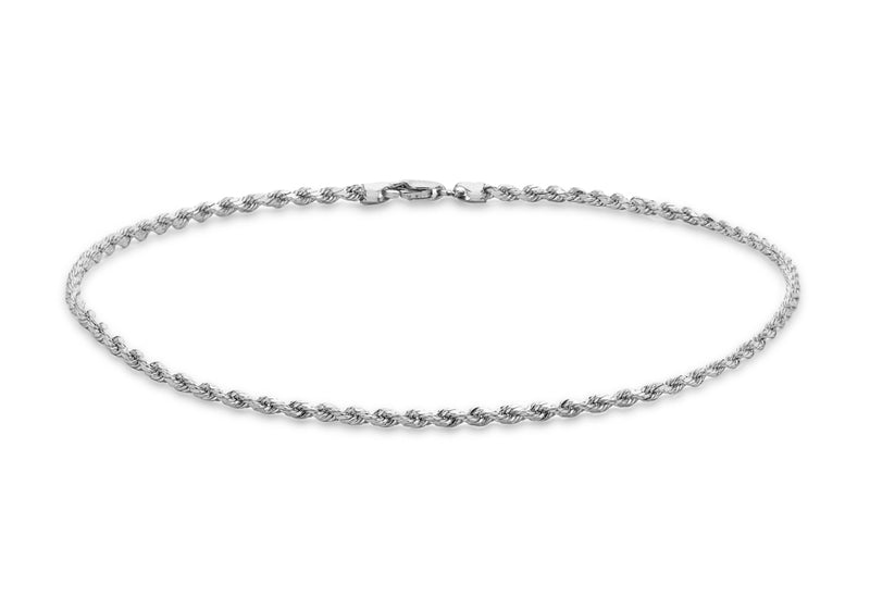 9ct White Gold 30 Hollow Diamond Cut Rope Anklet 25.5m/10"9