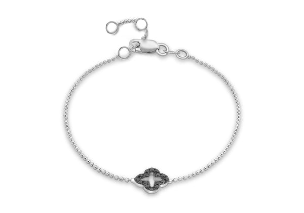 9ct White Gold 0.08t Black Diamond Flower Cross on Adjustable Ball Chain Bracelet 18m/7"9