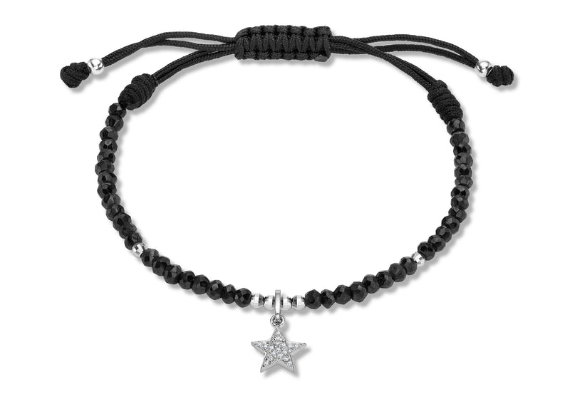 9ct White Gold 0.05t Diamond Star Charm on Adjustable Black Spinel Bracelet 22m/8.5"9