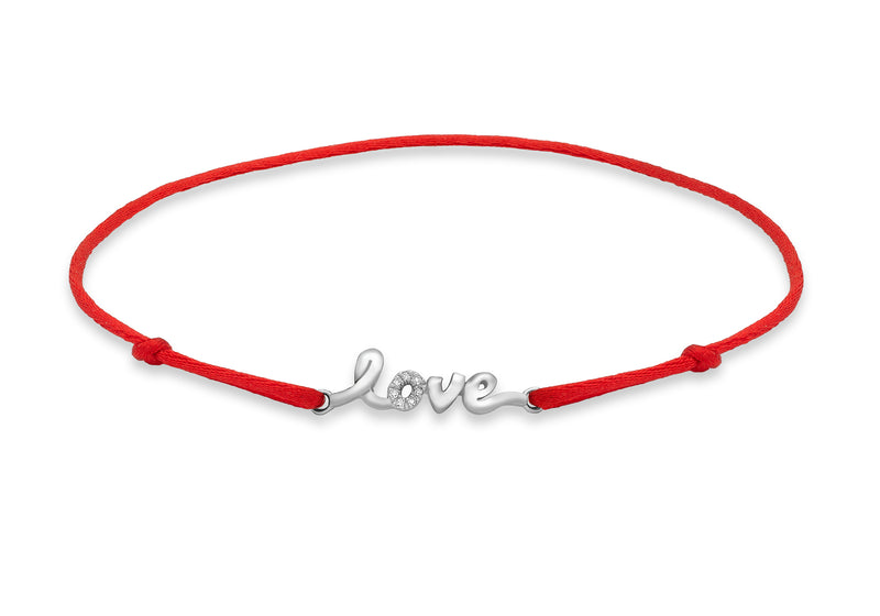 9ct White Gold 0.03t Diamond 'Love' on Adjustable Red Silk Bracelet 14m/5.5"9
