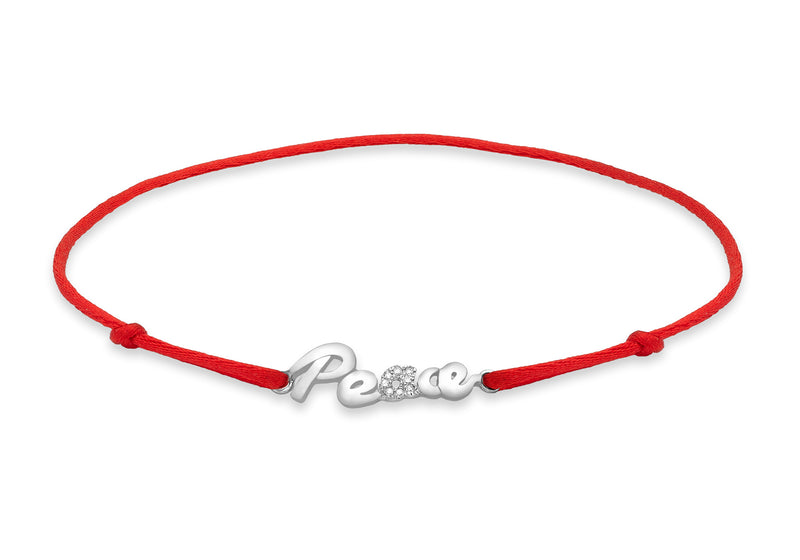9ct White Gold 0.03ct Diamond 'Peace' Adjustable Red Silk Bracelet 