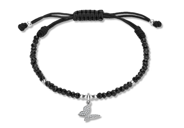 9ct White Gold 0.11ct Diamond Butterfly Adjustable Black Spinel Bracelet 